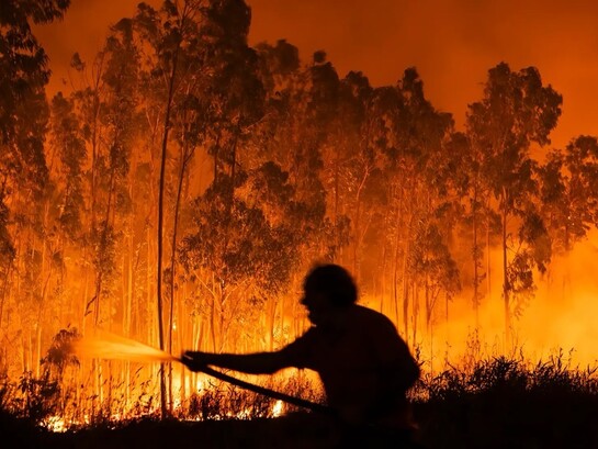 Silhueta de um homem segurando uma mangueira enquanto tenta conter uma floresta completamente tomada pelas chamas. A imagem simboliza a luta desigual contra um problema que se repete todos os anos sem soluções eficazes