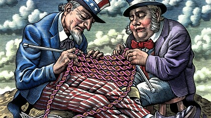 Investigación angloamericana sobre el genoma  humano, representada por el Tío Sam y John Bull tejiendo ADN. Dibujo en cartón rascado de Bill Sanderson, 1990, Colección Iconográfica