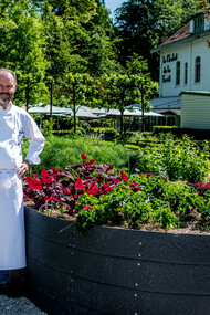 Chef Pascal Devalkeneer in his potager at Le Chalet de la Forêt