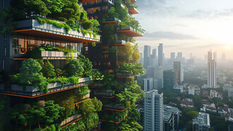 Futuristic green architecture seamlessly merges with nature in the heart of a bustling city, illuminated by the soft glow of sunrise