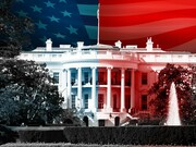Image of The White House in The United States divided in blue for Democrat and red for Republican