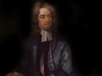 A smirking Jonathan Swift is amused by the reception he has received for his work on "Gulliver's Travels"
