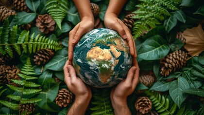 Hands cradling the Earth, surrounded by lush foliage and pinecones, symbolizing humanity's collective responsibility in nurturing and preserving the environment and planet for the well-being of future generations
