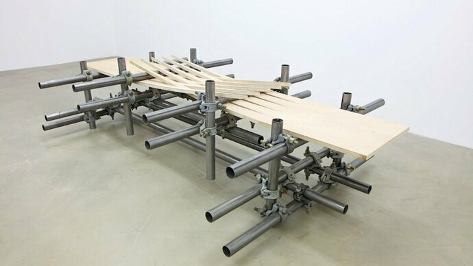 L. Lamothe, Untitled, 2014, phenolic wood boards, steel pipes, scaffolding clamps, variable dimensions. Courtesy of the artist and Alberta Pane Gallery