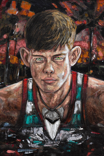 Hernan Bas, The boy with the shark tooth necklace, 2025. Courtesy of Victoria Miro Gallery