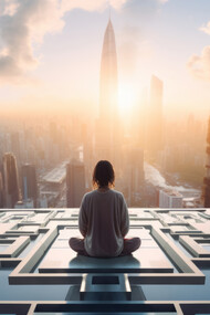 A woman seated in stillness overlooking a radiant skyline, symbolizing the expansion of consciousness