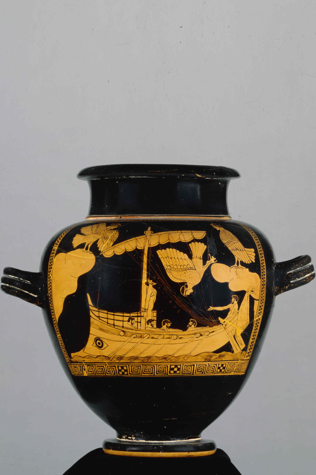 The Siren Vase, Pottery: red-figured stamnos. The ship of Odysseus passing the Sirens. C. 480BC-470BC Attributed to The Siren Painter. Greece © The Trustees of the British Museum