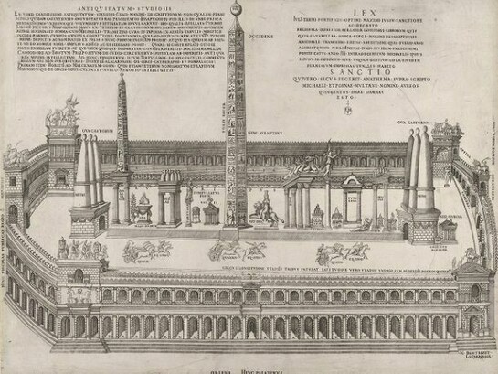 This work on view until the week of March 10, 2014. Nicolas Béatrizet (French, Lunéville 1515–ca. 1566 Rome?). After Pirro Ligorio (Italian, Naples 1513–1583 Ferrara). Published by Michele Tramezzino (Italian, active Venice and Rome, 1526–61). A reconstruction of the stadium and its obelisks at Circus Maximus, 1553, Engraving. The Metropolitan Museum of Art, Harris Brisbane Dick Fund, 1941 (41.72(1.67)). Image: © The Metropolitan Museum of Art, New York