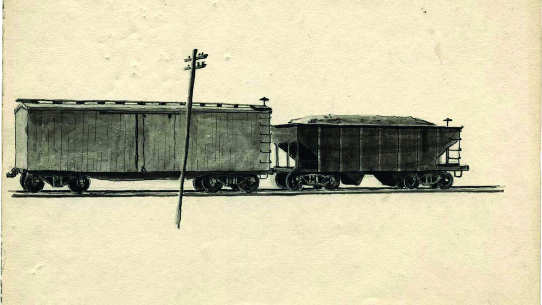 Charles Pollock, Railway Cars, ca. 1934. Ink and wash on paper. Private collection. © Charles Pollock Archives