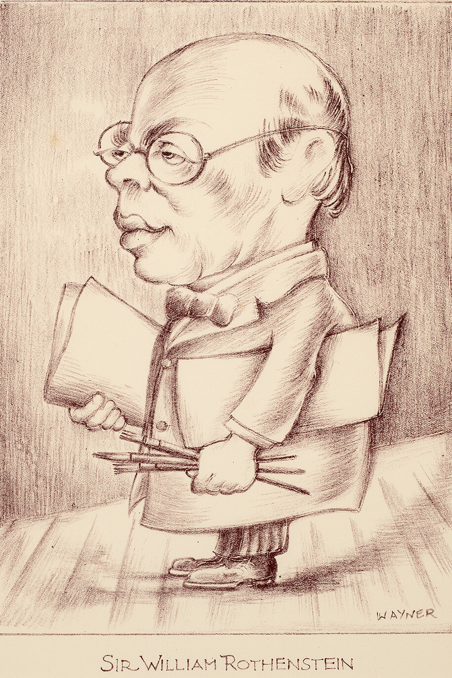 Mark Wayner,Caricature of Sir William Rothenstein, 1940, Stone lithograph on paper,
35.5 x 24 cm, Ben Uri Collection
© The Estate of Mark Wayner