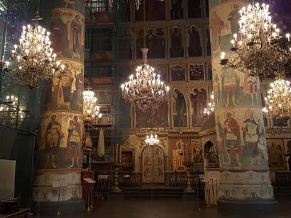 Interior of the Cathedral of the Dormition with scaffolding © Irene Kukota