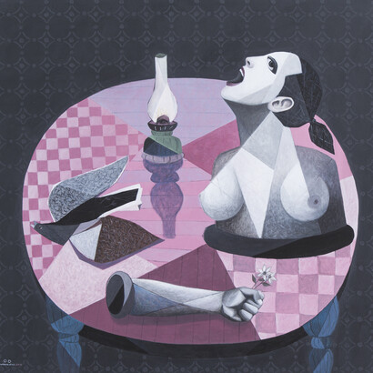 Oussama Diab, A Daily Scene, 2015, Mixed media on canvas,150 x 160 cm