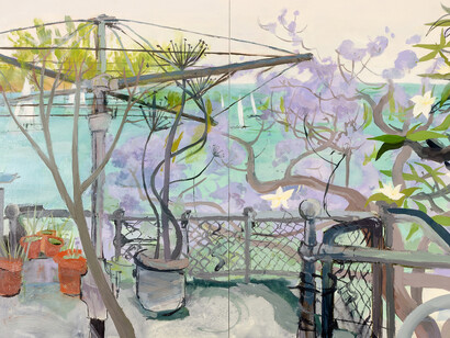 Kate Downie, Estuary Life (Parramatta Jakaranda Frangipani), oil on wood, 92 x 192 cm