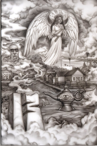 Mister Cartoon, Sly, Slick & Wicked, 2022. triptych airbrushed acrylic urethane enamel on canvas, 96 1/8x64 1/4x4 1/4 inches. Courtesy of Beyond The Streets and Control Gallery