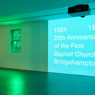 Tony Cokes, installation view, Dia Bridgehampton, New York, 2023. © Tony Cokes. Photo: Don Stahl. Courtesy of Dia:Bridgehampton
