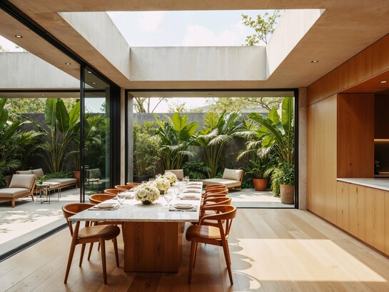 A modern home designed around light, openness and greenery, representing the balance between comfort and nature
