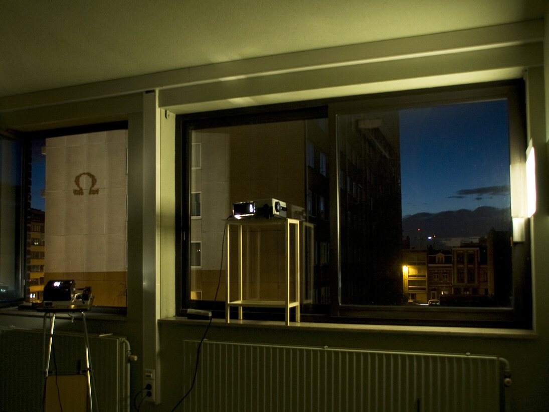 Yiannis Papadopoulos, Point Omega, 2014, View from the installation of projections at Plantin Moretus lei, Antwerp
