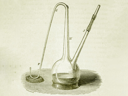 Schéma de la bouteille à col de cygne utilisée dans les expériences de Pasteur pour réfuter la génération spontanée