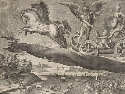 Hieronymus Wierix y Maarten van Cleve, "Alegoría del día", entre 1563 y 1619, Rijksmuseum, Ámsterdam, Países Bajos. En la obra se ve al carro tirado por un caballo blanco y otro negro