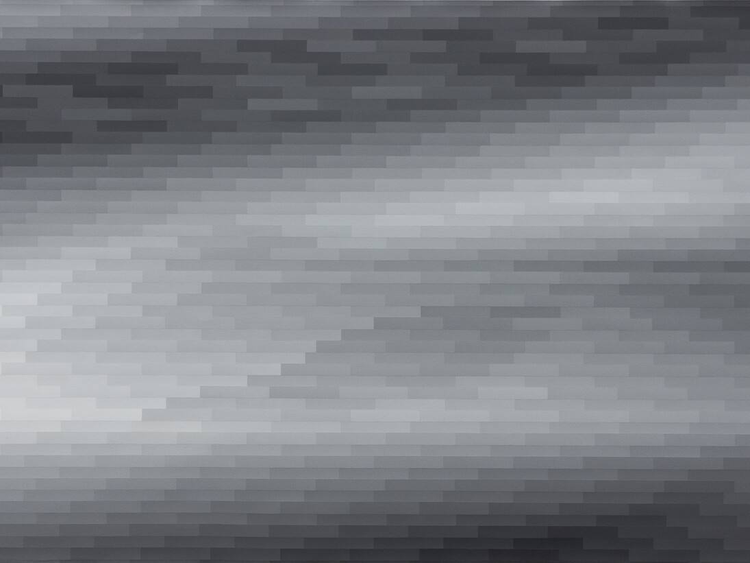 Vista de exposição (detalhe), Mafalda Santos, Baixo Contínuo #2, 2014/15, acrílico sobre tela, 100 x 220 cm, foto: João Ferro Martins, Imagem cortesia das artistas e 3+1 Arte Contemporânea, Lisboa.