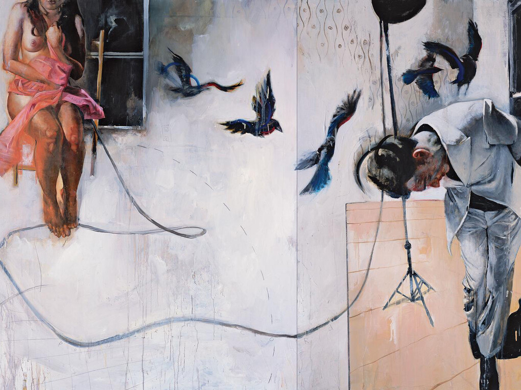 Jason Shawn Alexander,No Good At Exits, 2014. Ink, acrylic, oil, and paper on canvas, 60 x 100 in. Courtesy of 101/Exhibit
