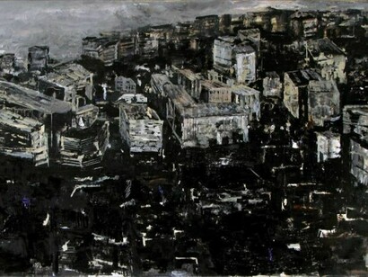 Bogdan Vladuta, Detail of Black City, 2011, oil on canvas, 80 x 144.5 in (203 x 367 cm)