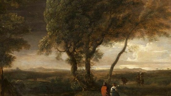 Herman Van Swanevelt, c. 1603 - 1655, Dutch School, An extensive windswept Panoramic Landscape with Travellers on a Path, Oil on Panel, 10 x 16 3/8 inches (25.4 x 41.6 cms)
Signed in ink au verso:"Herman van Swanevelt fe,"