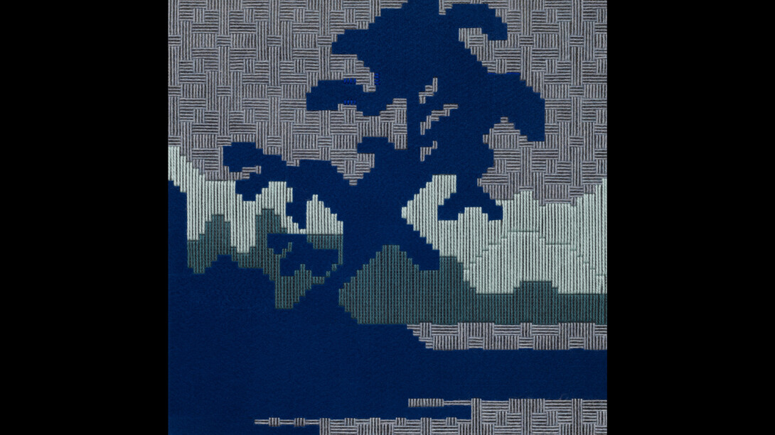 Azadeh Gholizadeh, Blue, 22.5x22.5 inches, needlepoint merino wool, alpaca wool, felt on canvas mesh, 2021. Courtesy of the artist and Pentimenti