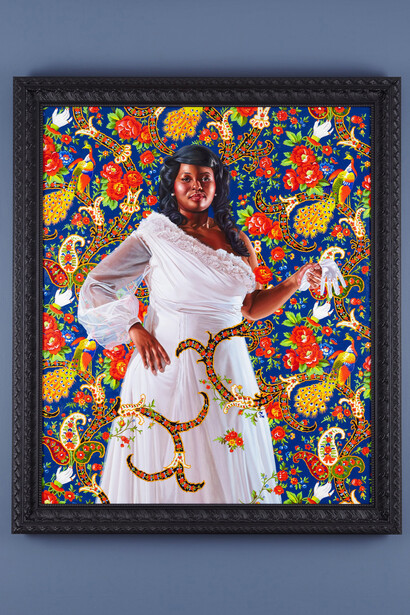 Kehinde Wiley, Ena Johnson, 2012, Oil on linen, 82 1/4” x 70 1/4”, © Kehinde Wiley, Image: Jason Wyche, New York, Courtesy of Sean Kelly, New York, From the collection of Nathan Serphos