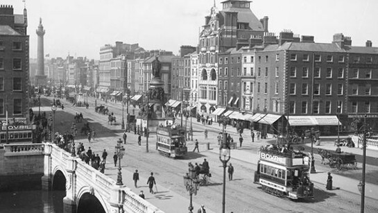 View of trams on O'Connell Street. On 26 August 2013, tram drivers and conductors left their trams on O'Connell Street, leading to the events that became known as the Lockout