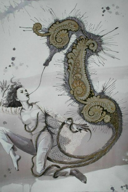 Vania Elettra Tam, Rhodiola Rosea in hippocampus paisley tortora, 2013. Tecnica mista su carta, 50x35 cm.