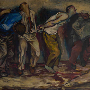 Renato Guttuso, Grecia 1952, 1952 (altri titoli con i quali il dipinto è noto: Fucilazione di patrioti (?); Fucilazione di Nicola Beloyannis). Olio su carta applicata su tela, 143 x 210 cm