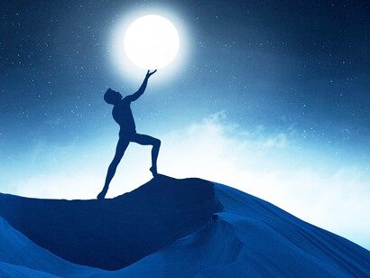 A person's silhouette reaching out to touch the Aquarian New Moon, immersed in cosmic energy