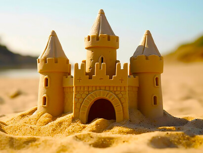 Gracefully standing against the coastal horizon, a beautiful sand castle emerges, a testament to the artistry woven by nature and human hands on the sunlit beach