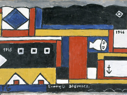Joaquín Torres-García (Uruguayan. 1874–1949). Energía atómica (Atomic energy). 1946. Oil on cardboard. 20 7/8 x 33 3/8″ (53 x 84.7 cm). Colección Guillermo Caballero de Luján, Valencia. © Sucesión Joaquín Torres-García, Montevideo 2015. Photo credit: Juan García Rossell (detail)