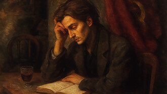 A solitary poet sits lost in thought, his face lit by a soft, amber glow — a quiet reflection of Milan Kundera’s vision of the novel as a search for understanding rather than virtue