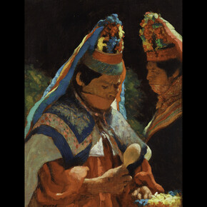 Elias Rivera, Matachine Dancers, n.d., oil on linen, 12x9.50 inches. Courtesy of LewAllen Galleries
