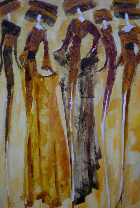 Henri Gueguen, Autumn Fashion Show, Lacquer Paint on Canvas, 36.5" x 24"