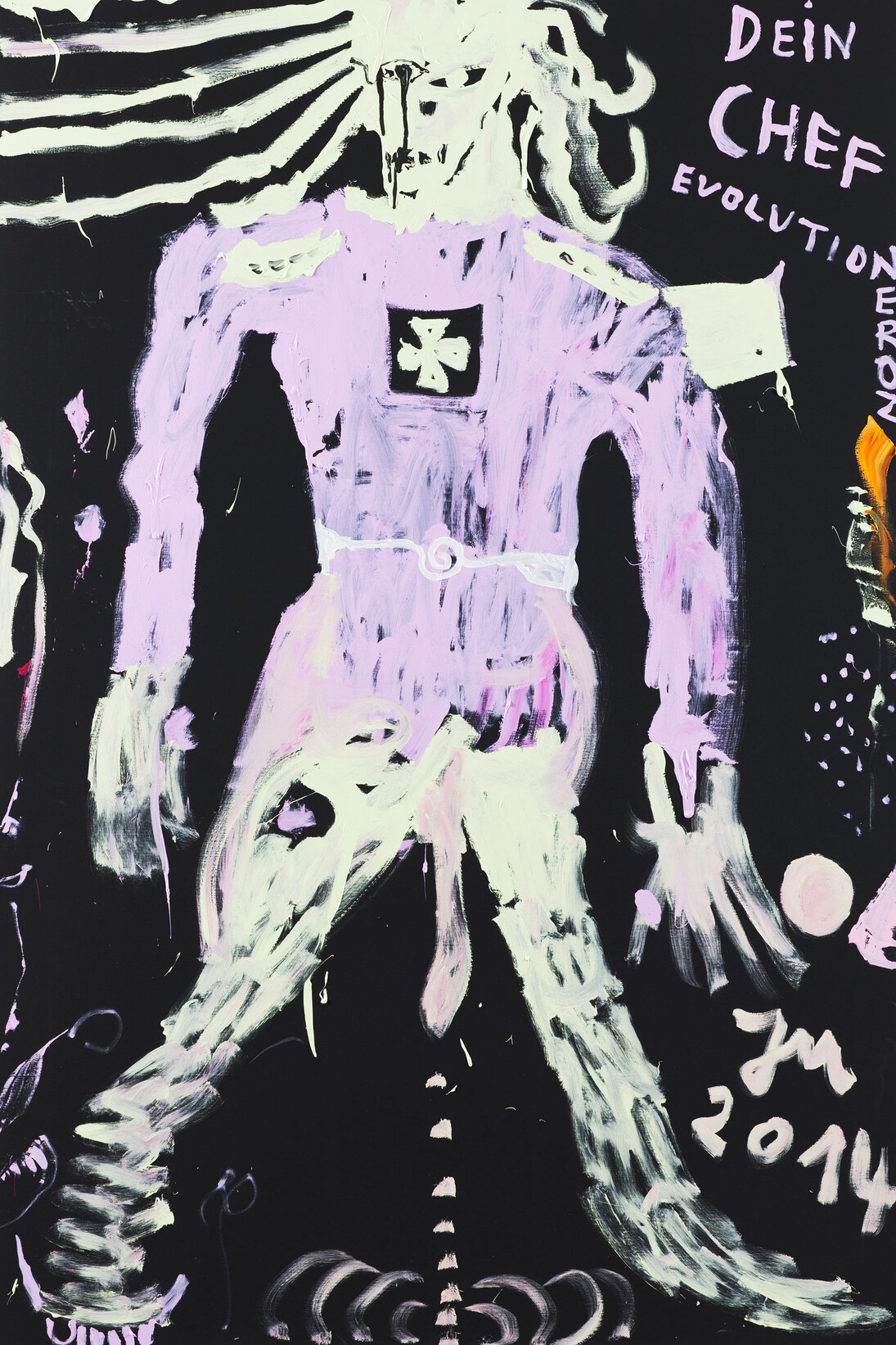 Jonathan Meese, "RÄCHER I (DIE UNZAHL ROLLT HERAUS)" 2014, oil and acrylic on canvas, 270.4 x 180.3 x 4.4 cm, 106 1/2 x 71 x 1 3/4 ins, Copyright the artist; Courtesy the artist and Stuart Shave/Modern Art, London