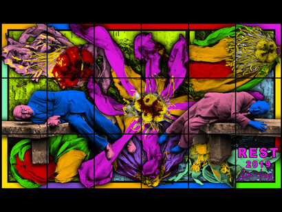 Gilbert & George REST, 2019 Mixed media 226 × 379 cm
89 × 149 1/8 inches
© Gilbert & George
Courtesy the artists and Sprüth Magers
