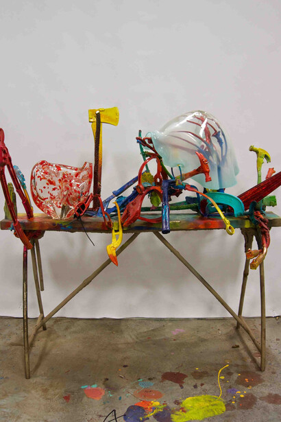 Jim Dine, City of Glass #4, 2014, Bronze, verre, acier inoxydable, objets trouvés, peinture laquée,
124,5 x 150 x 89 cm, Courtesy Jim Dine and Galerie Daniel Templon, Paris © Jim Dine