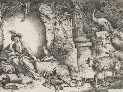 Giovanni Benedetto Castiglione, Circe with the Companions of Odysseus Transformed into Animals, c. 1650. Etching, 21.8 x 31.1 cm.
Royal Collection Trust, London.
