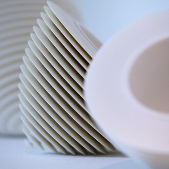 Installation view of Many a Slip, invited artists juggle with the domestic symbol of 'the cup' (2015) at Marsden Woo Gallery, focus on Nicholas Lees 'Floating Cups' image © Philip Sayer, courtesy of Marsden Woo Gallery, London