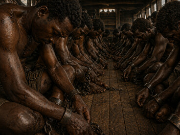Men chained together below deck, illustrating the systematic deprivation of liberty and the normalization of cruelty under legal slavery
