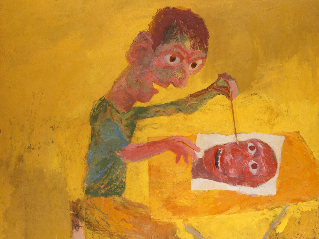 Ken Kiff, Man Painting, on Yellow, 1965, Oil on board, 91.5 x 112 cm. / 36 x 441/8 in.