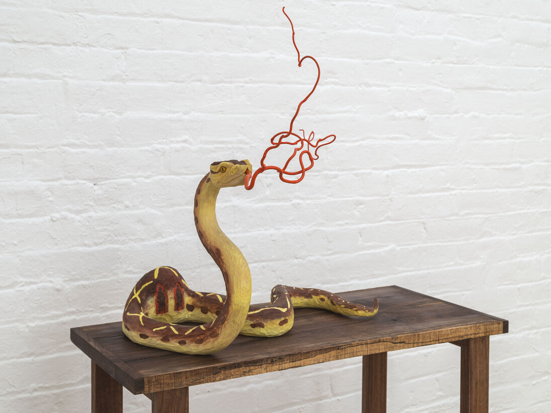 Santiago Cal, Things to Come, 2014, Basswood, walnut, paint, 47” x 29” x 30” (with base) (detail)