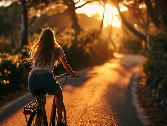 A cyclist enjoying a peaceful ride beneath the evening sun, representing how simple outdoor activities contribute to lasting fitness