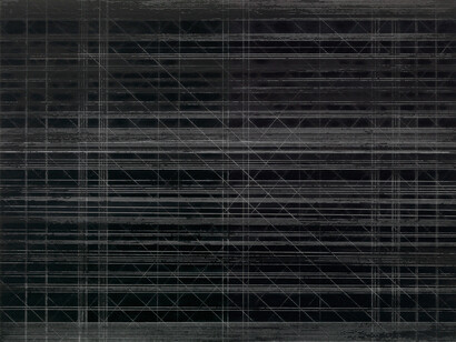 Lucie Beppler, untitled, Oil pen, engraving needle, ink, oil on gesso primed thick paper, 2015, 76 x 110 cm.