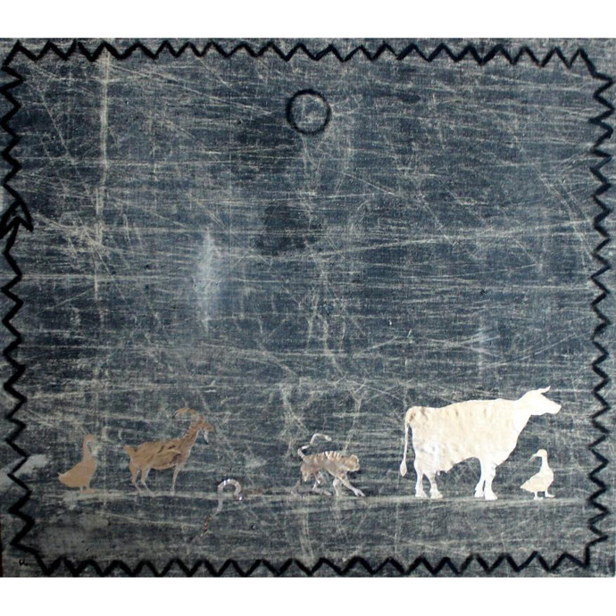 Ivan Streltsov “The animals that never existed, they’ve never existed at all” 2014 canvas, tempera, paper 70 х 80 cm, from Sergey Chubraev’s collection