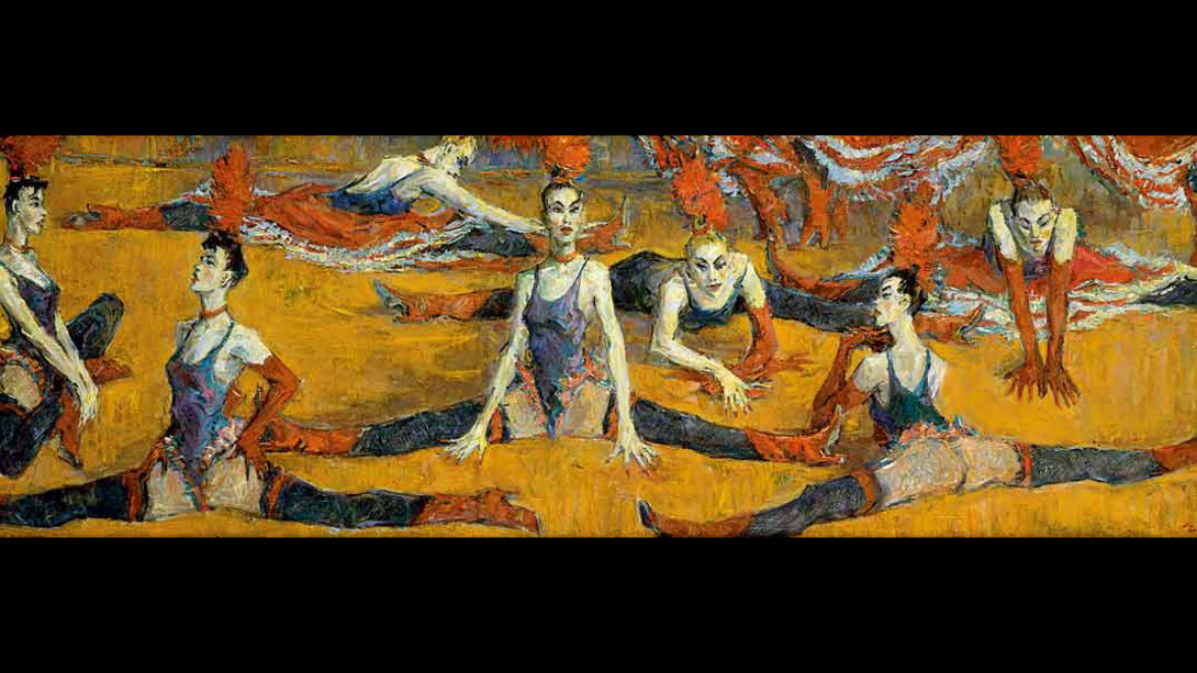 Sergei Chepik, Before the Cancan Moulin Rouge dancers stretching. Russian artist contemporary fineart Paris London Exhibition figurative, Catto Gallery Hampstead